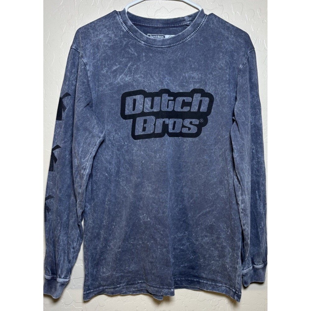 Dutch Bros Coffee Long Sleeve T Shirt Small Blue Acid Wash Graphic Sleeve Logo